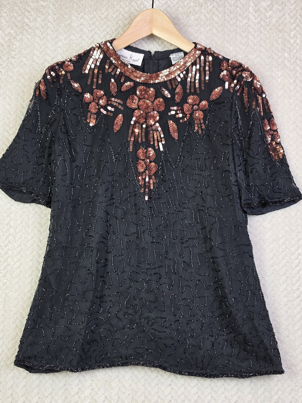 Lawrence Kazar New York Silk Beaded Sequin Top Womens‎ Small Black Rose Gold